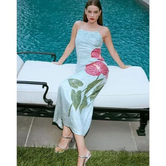 $450 NWOT Farm Rio Blue Sequins Anthurium Flowers Slip Maxi Dress Size S - Picture 1 of 16